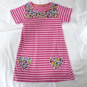 Girls Pink Striped Dress with Floral Heart Pockets | Boden Style | Size 6/7